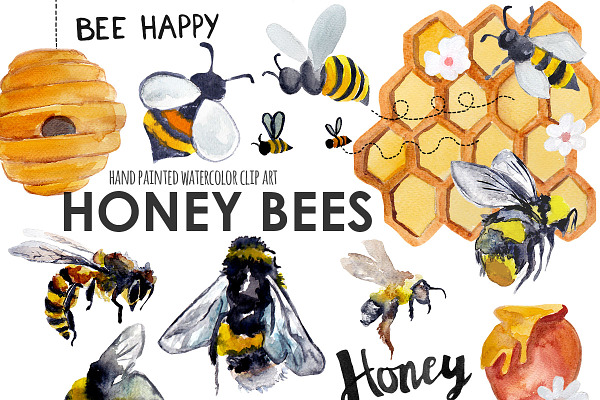 Honey bees watercolor clipart