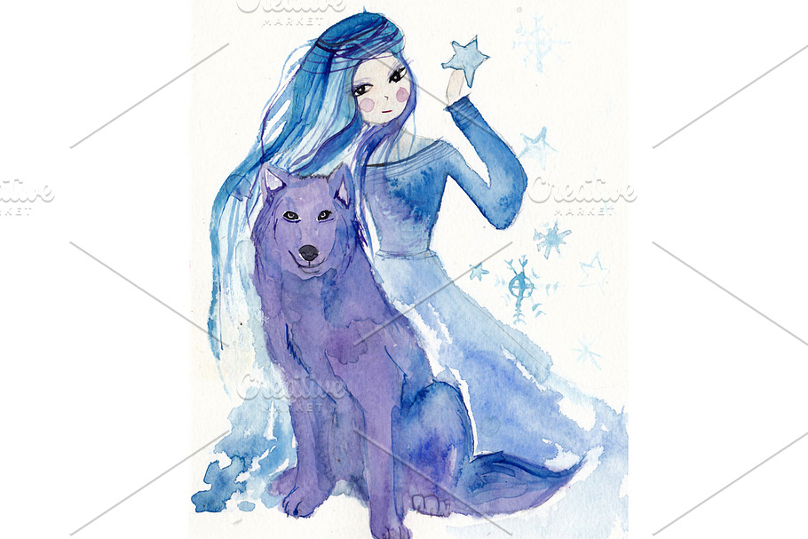 Girl with wolf watercolor