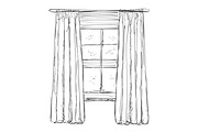 Hand Drawn Window with Curtains