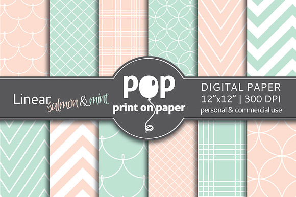 Linear Mint & Salmon - Digital Paper in Graphics - product preview 1