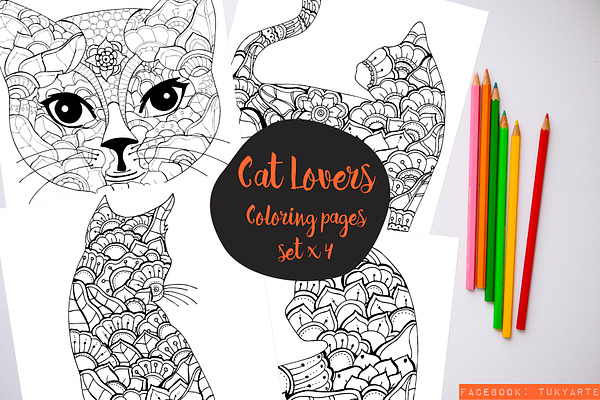 Hand drawn cat coloring pages x4