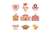 Education emblems and buildings