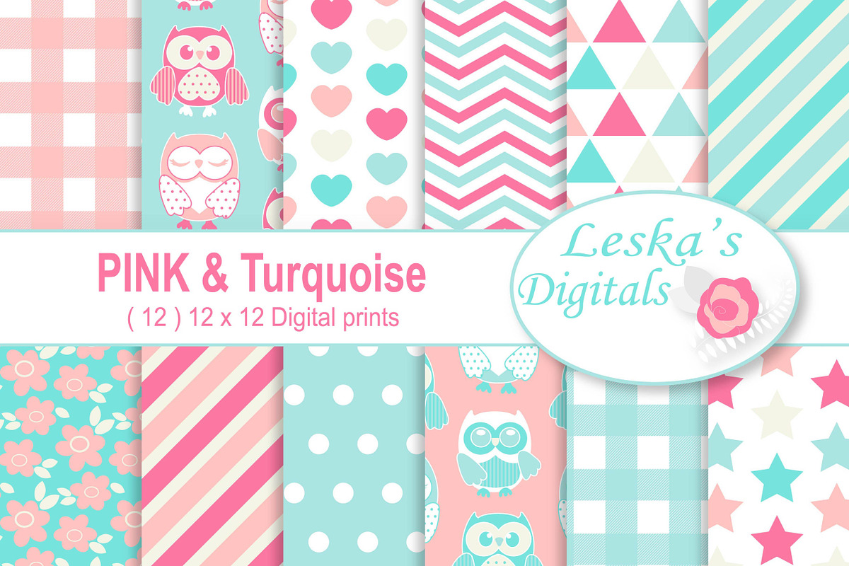 Pink and Turquoise Owl Digital Paper in Patterns - product preview 8