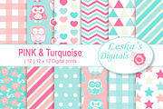 Pink and Turquoise Owl Digital Paper