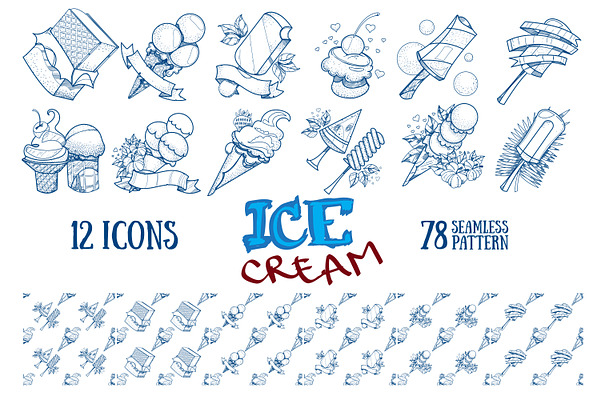 Ice cream. Outline patterns, icons