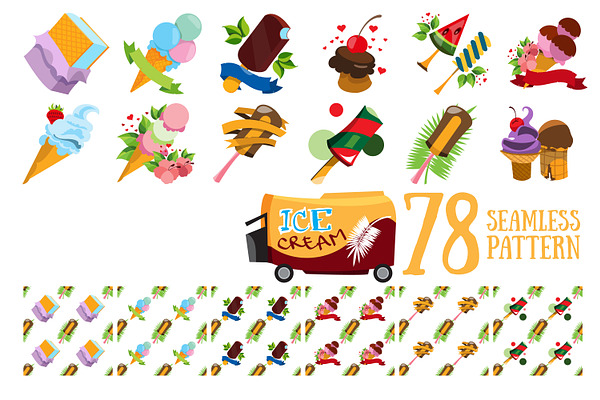 Ice cream. Set of icons and patterns
