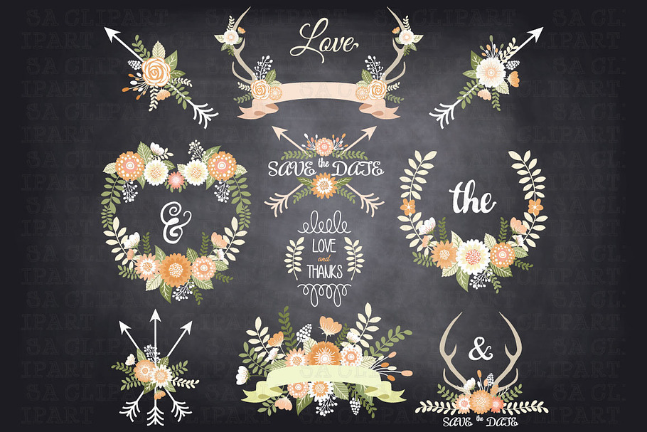 Chalkboard Wedding Floral ClipArt in Illustrations - product preview 8