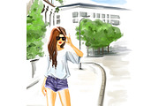 Watercolor girl on city street