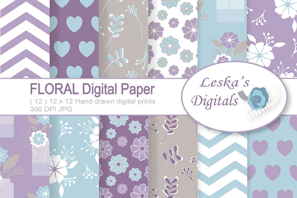 Floral Digital Paper Pack - Purple