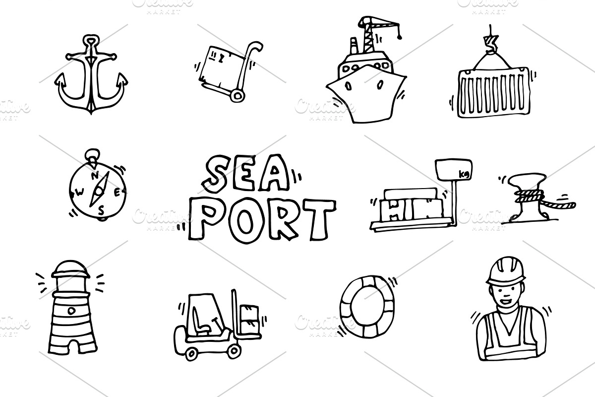 Sea port black icons set in Illustrations - product preview 8