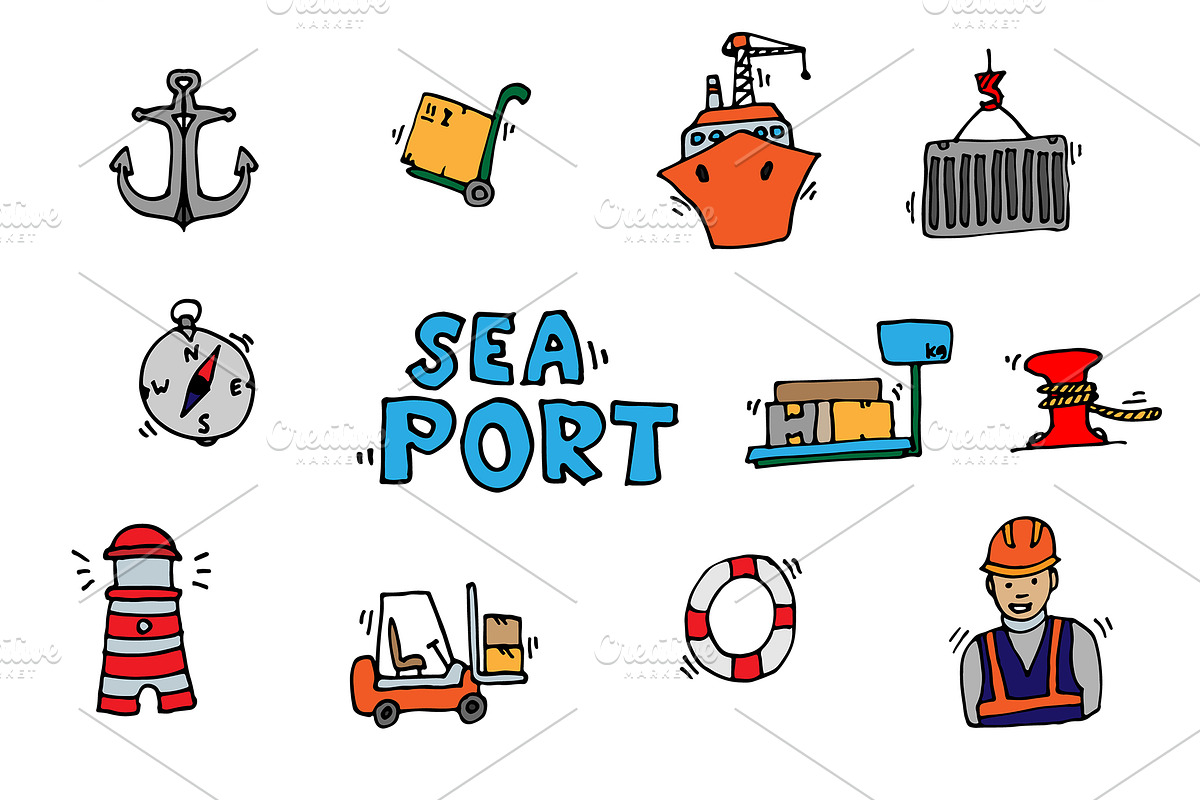 Sea port colorful icons set in Illustrations - product preview 8
