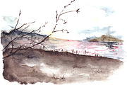 Watercolor river lake landscape