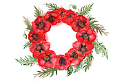 Watercolor red poppy floral wreath