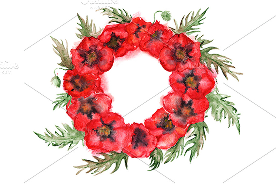 Watercolor red poppy floral wreath in Illustrations - product preview 8