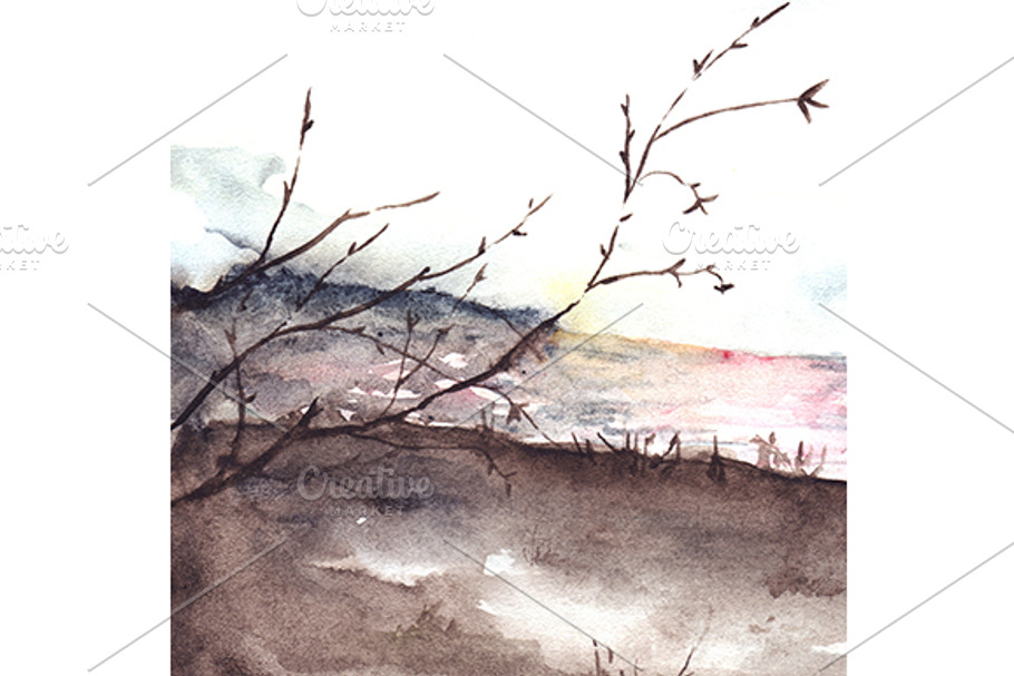 Watercolor river lake landscape in Illustrations - product preview 8