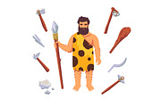 Stone age man with wooden tools