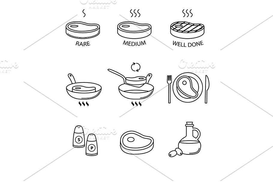 Steak pan frying and cooking icons