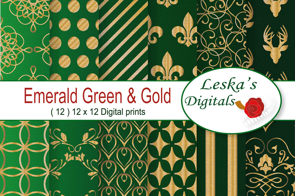 Digital Paper - Emerald Green & Gold in Patterns - product preview 8
