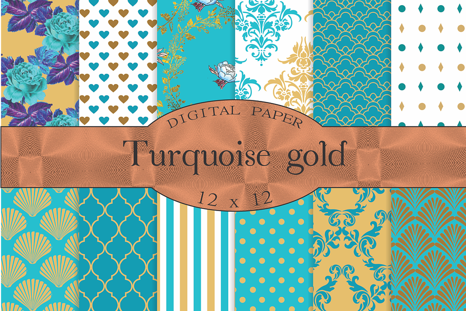 Aqua gold, turquoise digital paper in Patterns - product preview 8