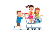 Boy and girls riding shopping cart
