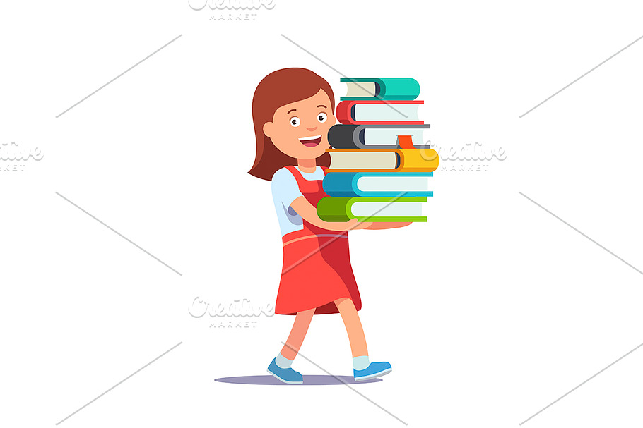 Girl carrying big pile of books