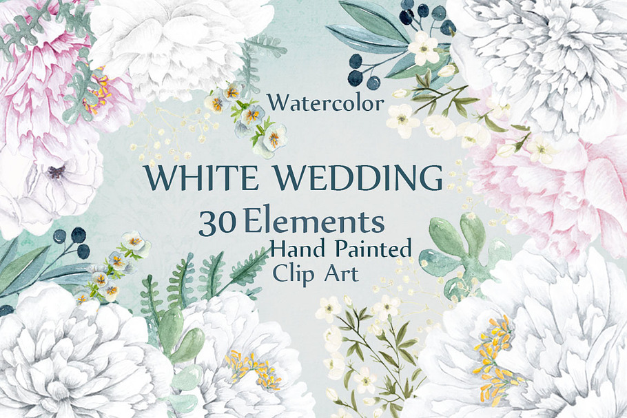 Watercolor white Peonies clipart in Illustrations - product preview 8