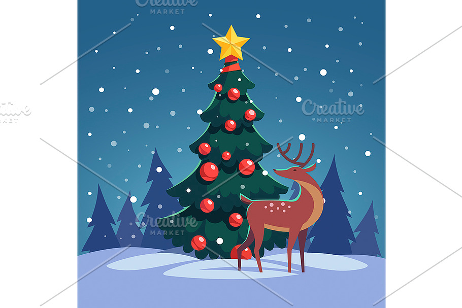 Decorated christmas tree, reindeer in Illustrations - product preview 8