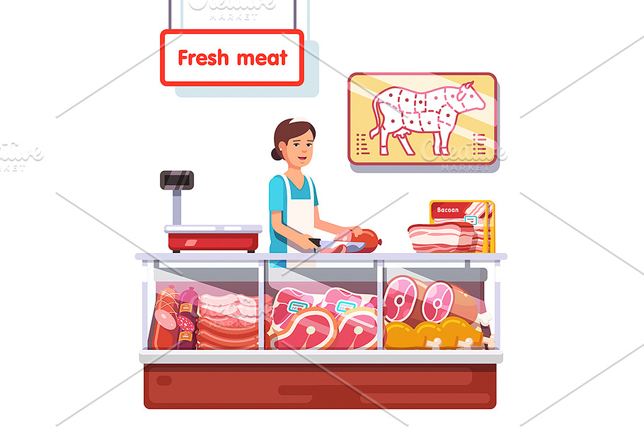 Fresh meat stand in a supermarket in Illustrations - product preview 8