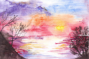 Watercolor lake river sea sunset