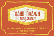 Hand-drawn labels and badges