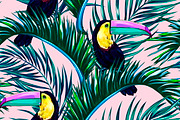 Toucans,palm leaves vector pattern