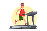 Obese young man running on treadmill