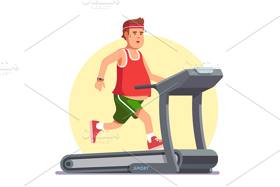 Obese young man running on treadmill in Illustrations - product preview 8