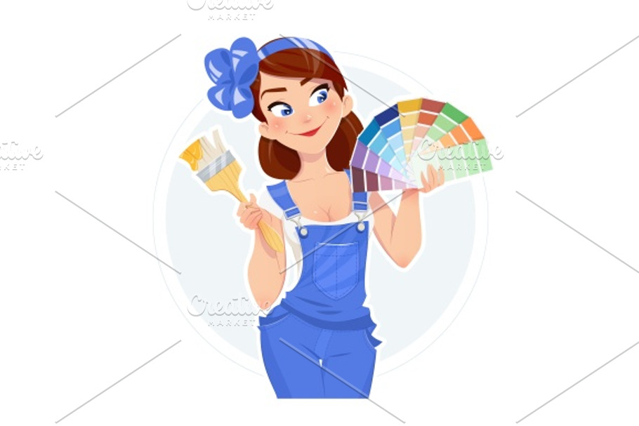 Beautiful girl with paint brush and color swatches in Illustrations - product preview 8