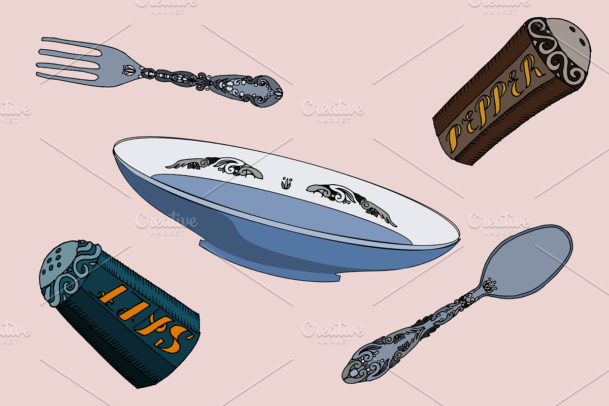 Plate, cutlery, salt & pepper.  in Illustrations - product preview 8
