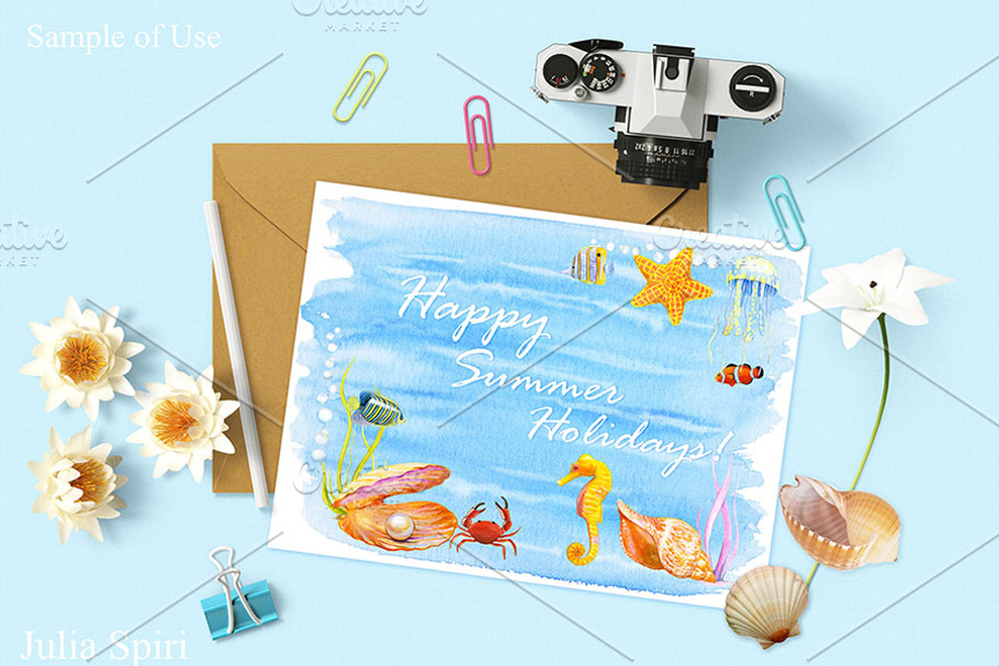 Sea & Mermaid Watercolor Clip Art in Illustrations - product preview 8