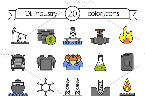 Oil industry. 20 color icons. Vector