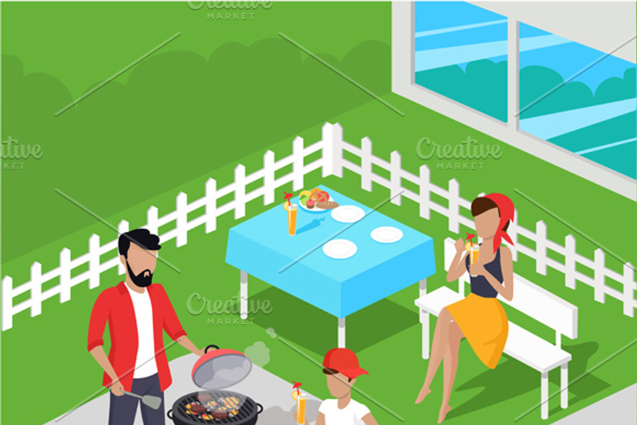 Father and Son Preparing Barbecue in Illustrations - product preview 8