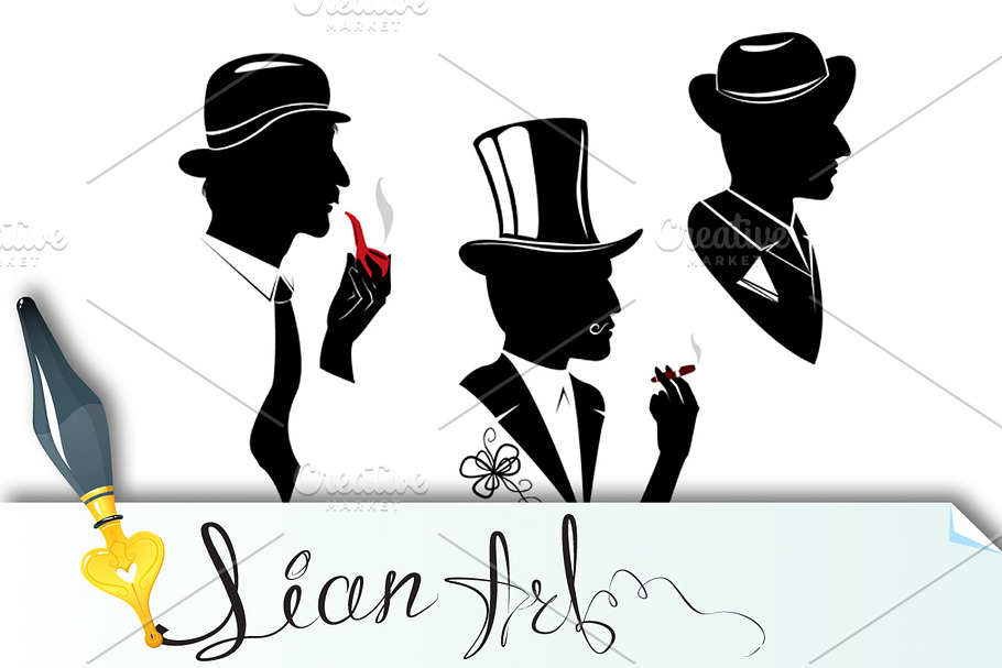 Men silhouettes smoking cigar and pi in Illustrations - product preview 8