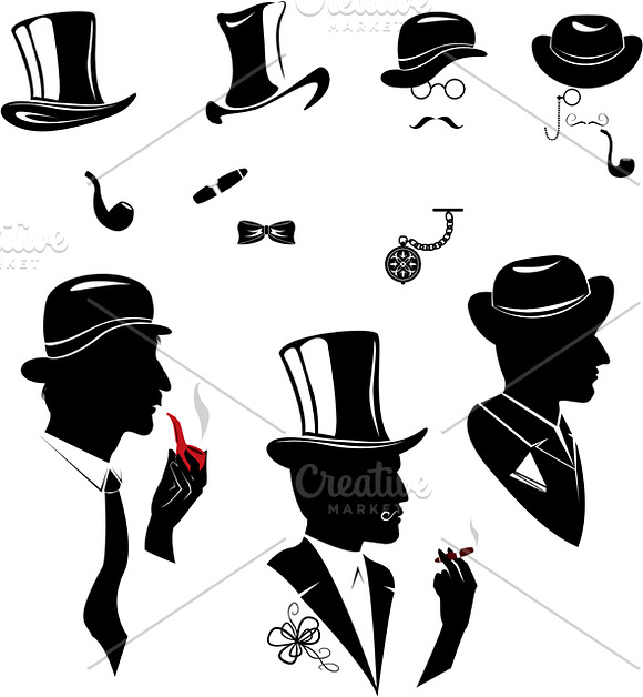 Men silhouettes smoking cigar and pi in Illustrations - product preview 1