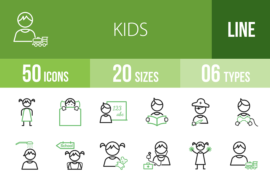 50 Kids Line Green & Black Icons in Graphics - product preview 8