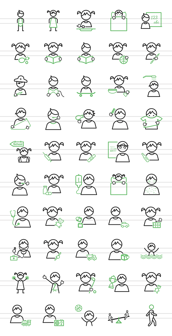 50 Kids Line Green & Black Icons in Graphics - product preview 1