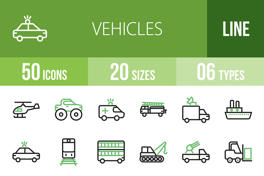 50 Vehicles Line Green & Black Icons in Graphics - product preview 8