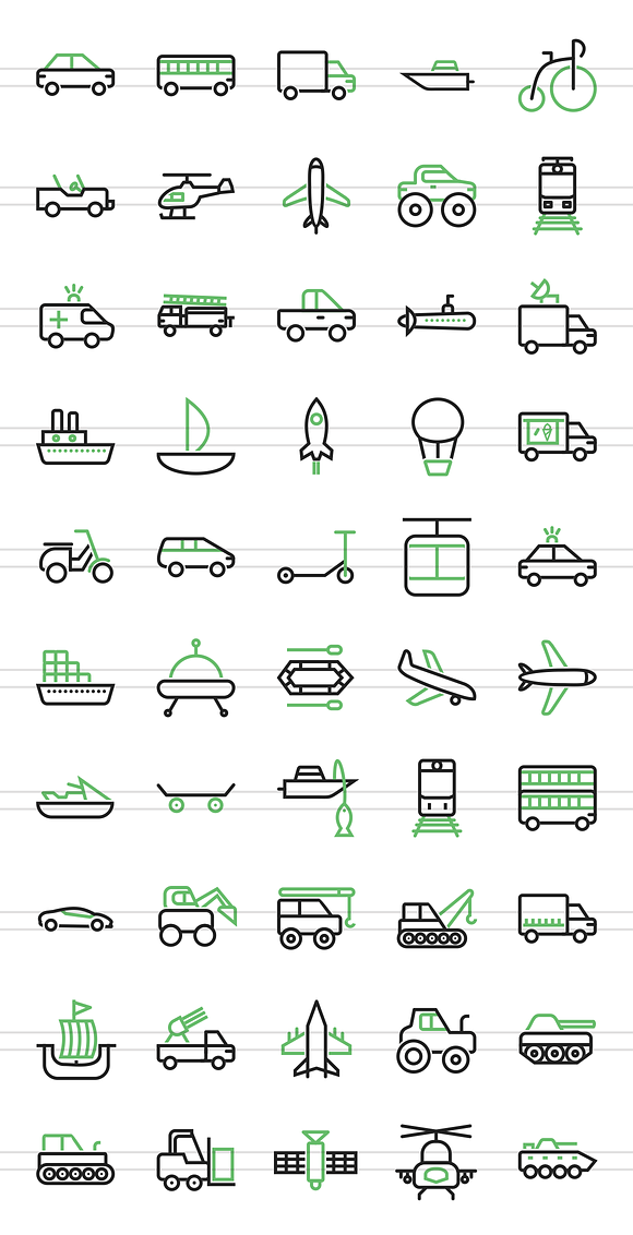 50 Vehicles Line Green & Black Icons in Graphics - product preview 1