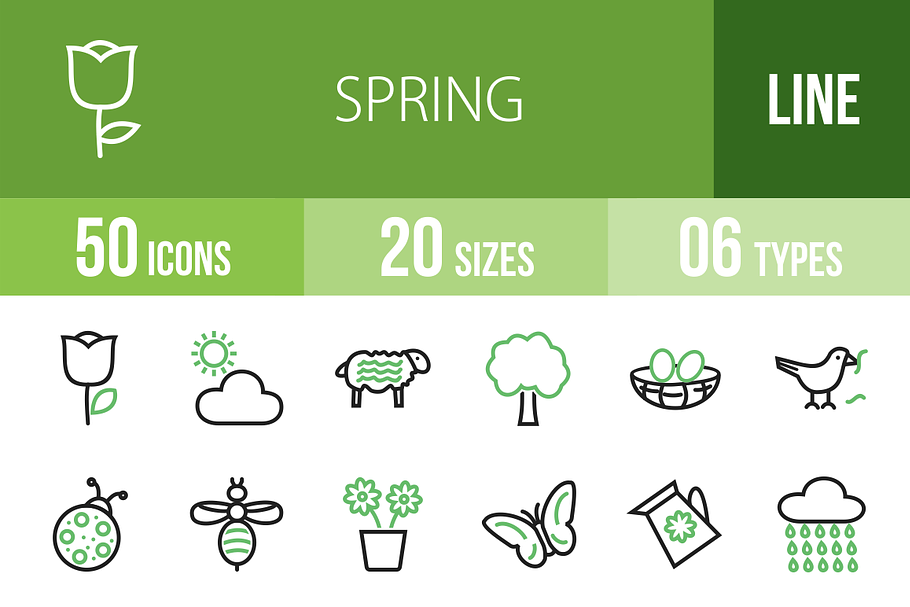 50 Spring Line Green & Black Icons in Graphics - product preview 8