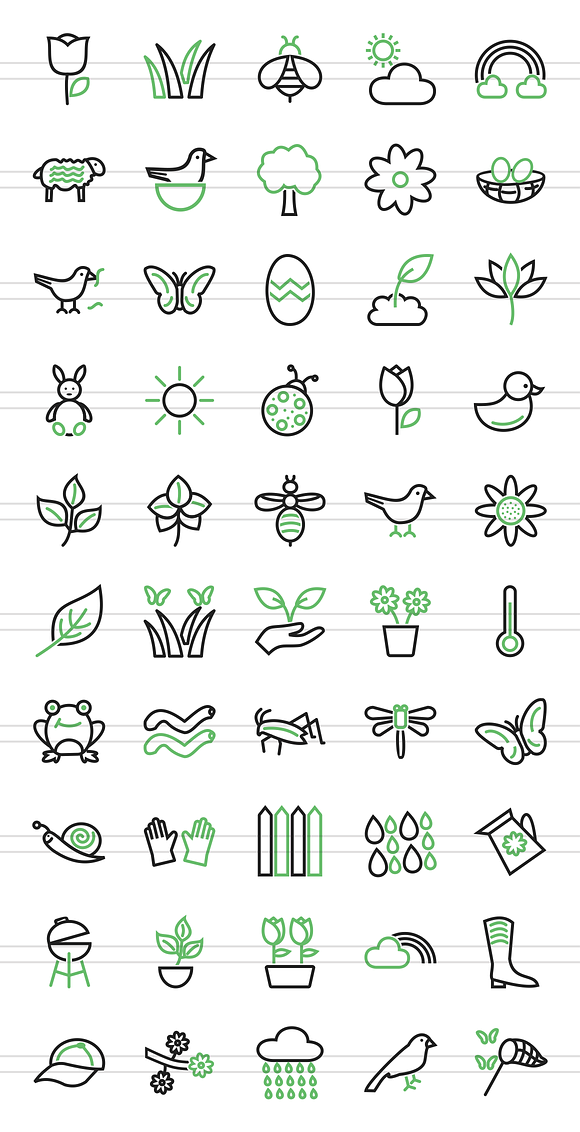 50 Spring Line Green & Black Icons in Graphics - product preview 1