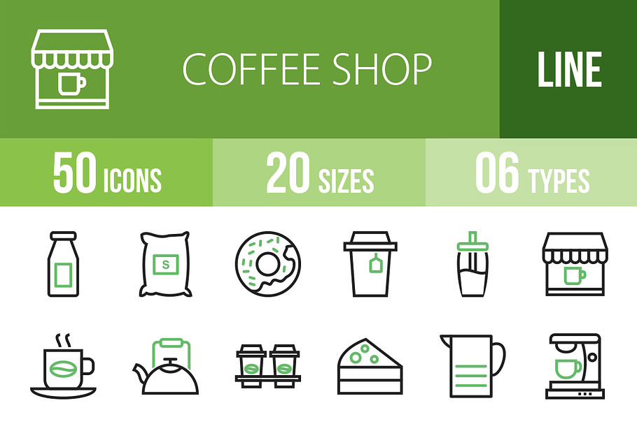 50 Coffee Line Green & Black Icons in Graphics - product preview 8