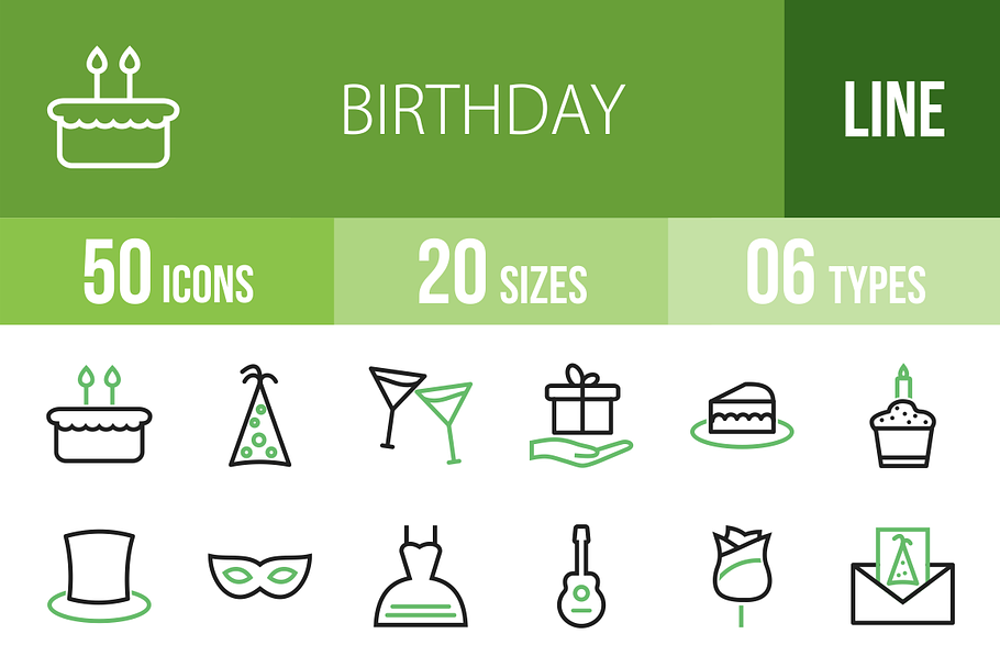 50 Birthday Line Green & Black Icons in Graphics - product preview 8