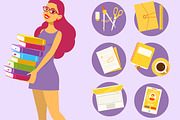 Girl with pile of books and icons