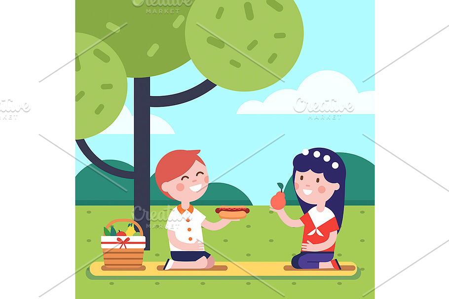 Boy and girl kids having picnic in Illustrations - product preview 8